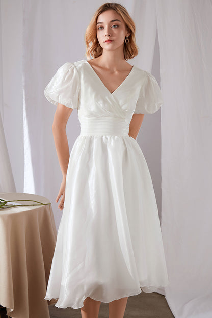 White Polyester Midi Dress - V-Neck Puff Sleeve Swing 3458
