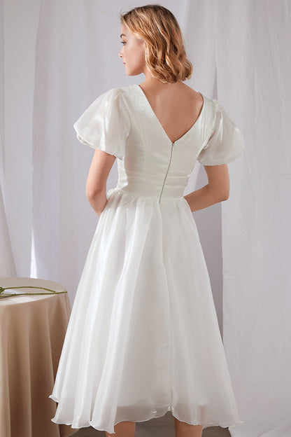 White Polyester Midi Dress - V-Neck Puff Sleeve Swing 3458