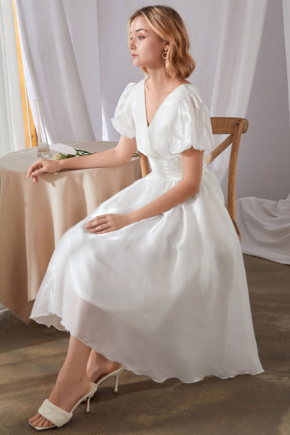 White Polyester Midi Dress - V-Neck Puff Sleeve Swing 3458