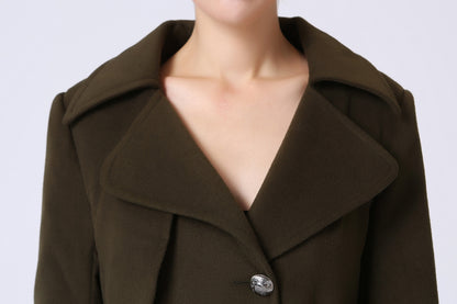 Army Green Wool Blend Military Trench Coat - Self-Tie Waist 1053