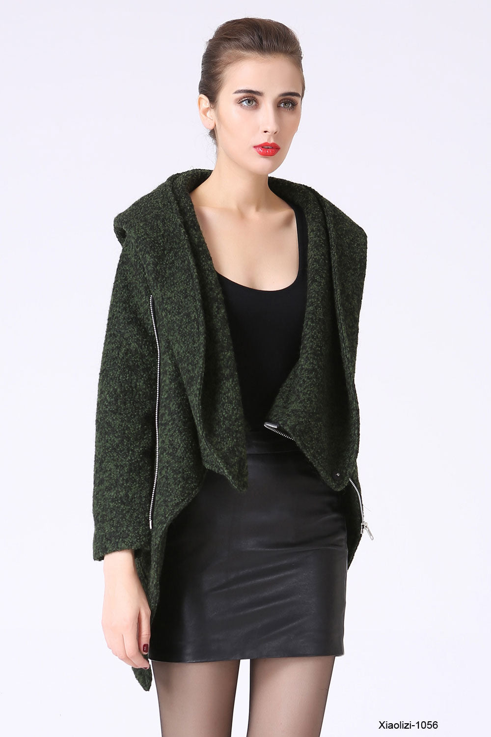 Modern Mini Wool jacket with Asymmetrical Front Zipper and Snood