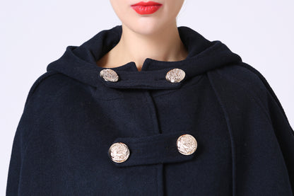 Navy Blue Hooded Wool Cape – Handmade Double-Breasted Winter Coat | Xiaolizi 1057