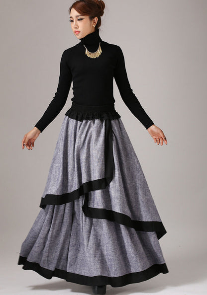 Gray Linen Blend Maxi Skirt - Layered Wrap Detail 771