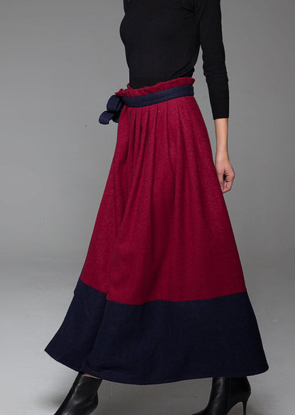 Handmade Wool Wrap Maxi Skirt – Wine Red Color-Block with Pockets | Xiaolizi 1429