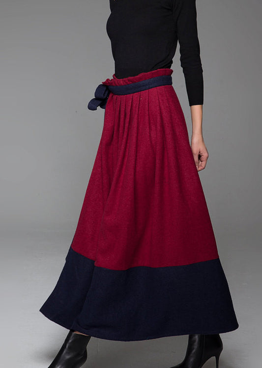 Wine Red Wool Skirt With Blue Stitching Hem and Long Unique Belt Maxi Skirt Winter Skirt 1429