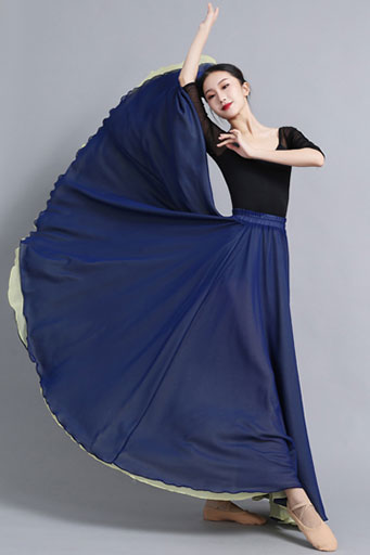 Navy Chiffon Reversible Maxi Skirt - Big Swing, Elastic Waistband 2935