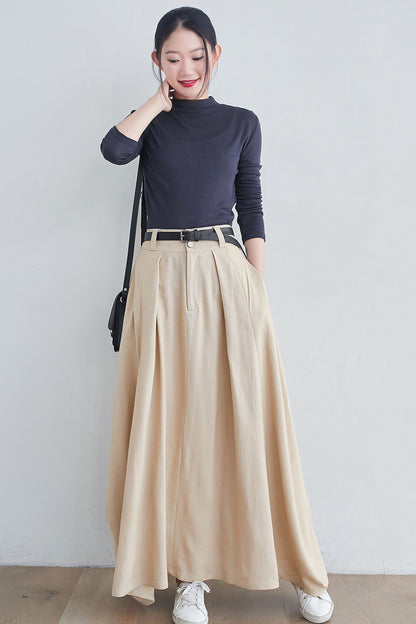 Beige Linen Cotton Maxi Skirt – Handmade A-Line Skirt with Pockets | Xiaolizi 2546