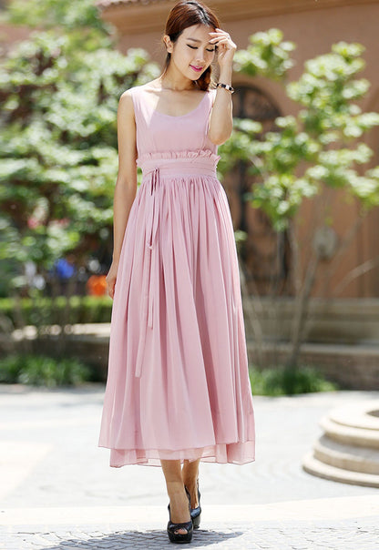 Pink Chiffon Maxi Dress - Sleeveless, Round Neck, Elegant Waist Detail 1008