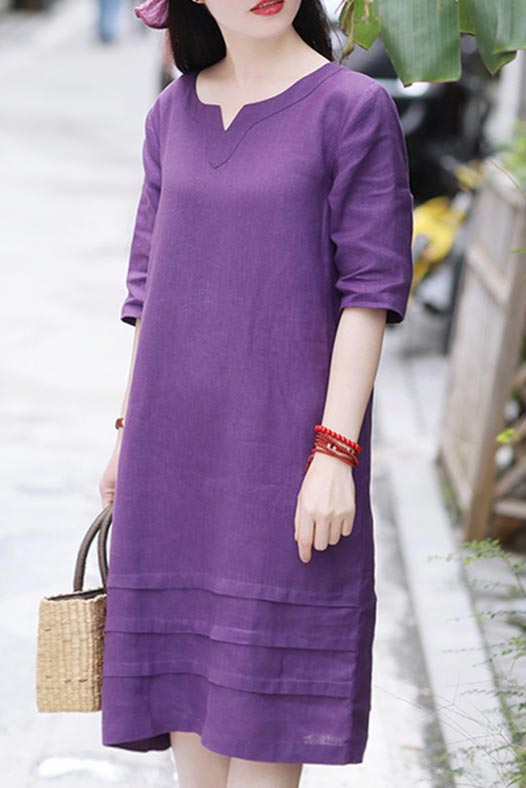 Purple Linen Dress - V-Neck, Mid Sleeves, Relaxed Fit CYM467