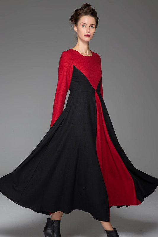 Red black wool dress winter warm dress maxi dress 1445