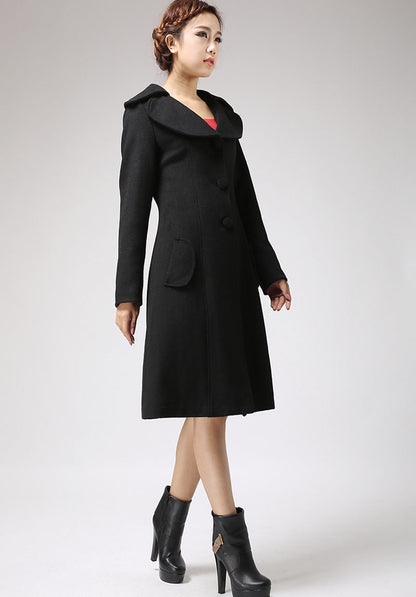 Handmade Black Wool Coat – Vintage Midi Winter Overcoat with Pockets | Xiaolizi 712