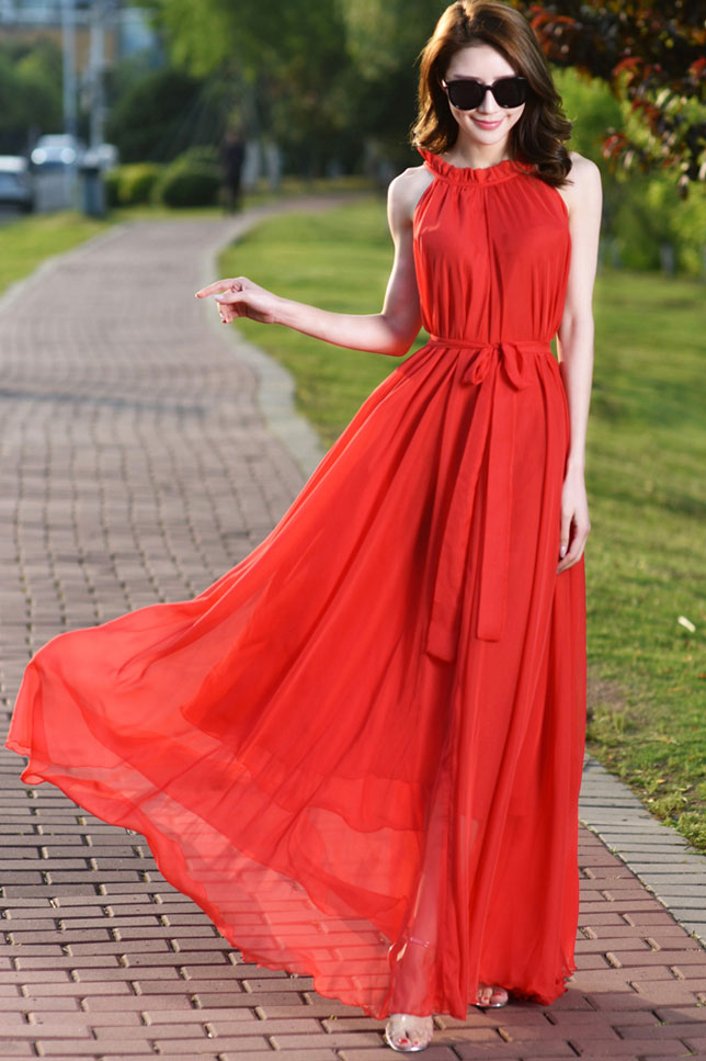Red Halter Maxi Swing Chiffon Dress 2923