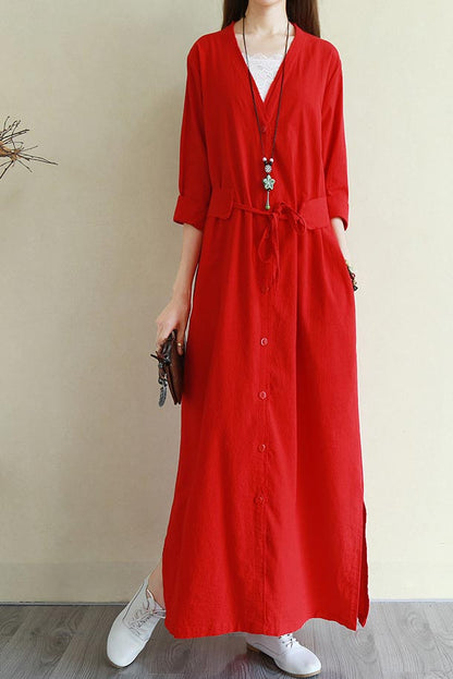 Yellow Linen Maxi Dress - V Neck Long Sleeve Loose Waist CYM341