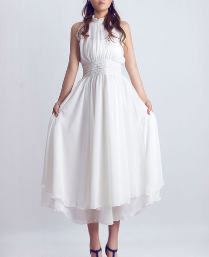 White Chiffon Maxi Dress - Flowy Sleeveless with Ruffled Neckline 76