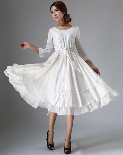 White Linen Blend Midi Dress - Drawstring Waist, Lace Detail 960