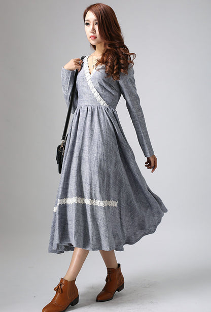 Gray Linen Maxi Dress - Long Sleeve with Lace Detail 807