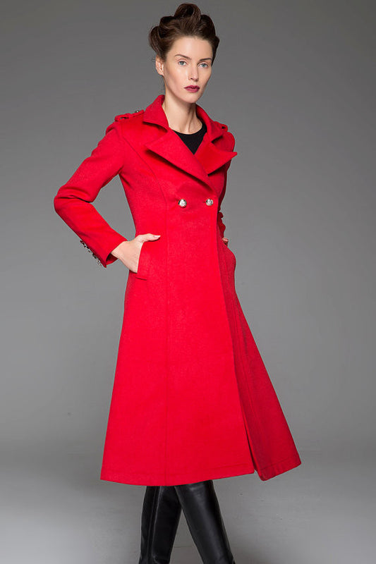 Red Winter Coat - Warm Elegant Long Double-Breated Fitted Handmade Designer Woman's Coat with Button Details Women's Fashion 1415