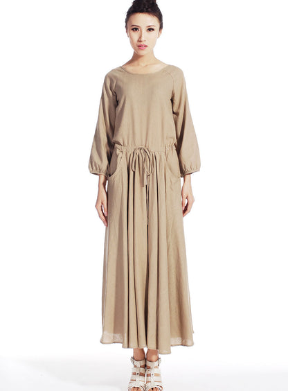 Khaki Linen Cotton Dress - Drawstring Waist Midi | Xiaolizi 515