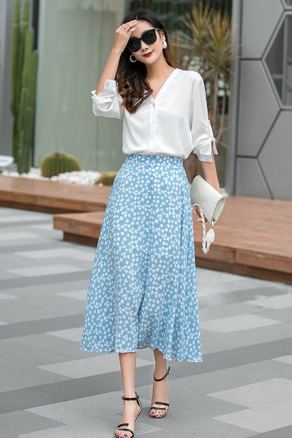 Floral A Line High Waist Midi Pleated Handmade Skirt 3534