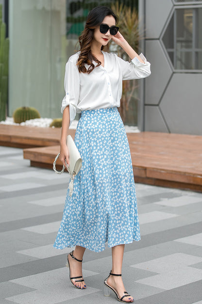 Floral A Line High Waist Midi Pleated Handmade Skirt 3534