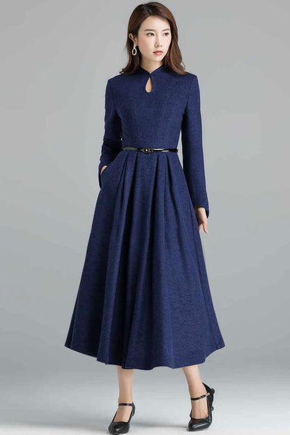 Emerald Green Wool Midi Dress - Fit and Flare Silhouette 1621