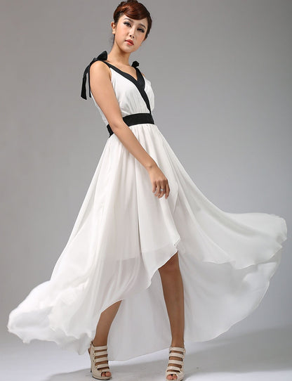 White Chiffon Maxi Dress - Wrap V-Neck with Tie Waist 668