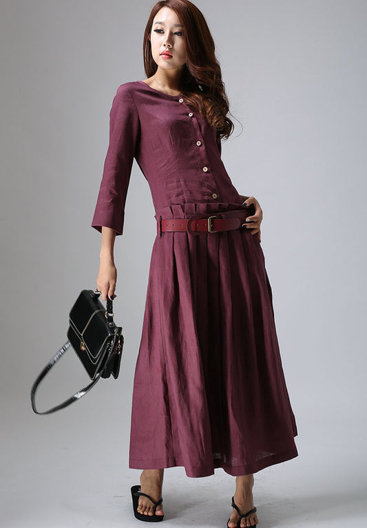 Pleated Linen Maxi Dress - Plum Long Dress Shaped Bodice & Pleated Skirt Three Quarter Length Sleeves (802)