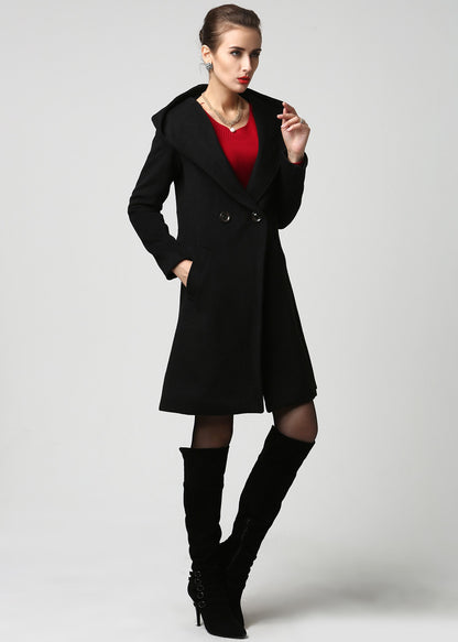 Black Hooded Wool Coat for Women – Oversized Winter Jacket with Big Hood | Xiaolizi 1123