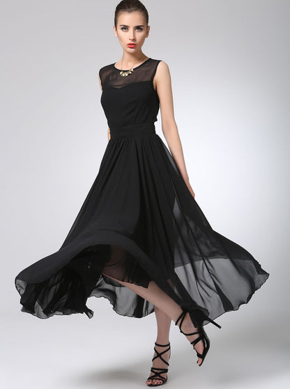 Black Chiffon Maxi Dress - Pleated Waist, Flowing Silhouette 1238