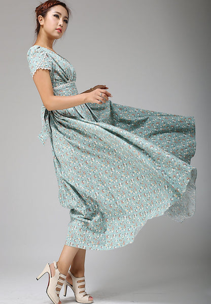 Vintage Floral Linen Cotton Maxi Dress – Women’s 1950s Inspired Prom & Bridesmaid Dress 0665