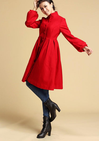 Red Wool Coat - Fit and Flare Winter Jacket with Button Front 328