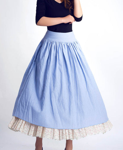 Handmade Blue Linen Cotton Skirt – Vintage Layered A-Line Maxi Skirt with Pockets | Xiaolizi 0045