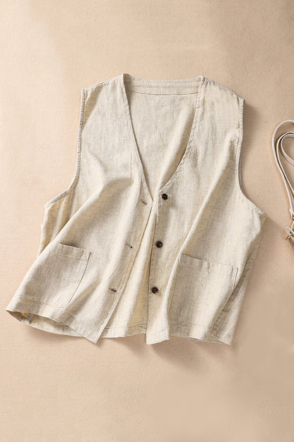 Beige Linen Cotton Vest - Vintage Inspired V-Neck Sleeveless 3645