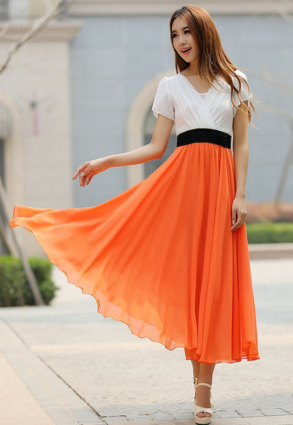 Orange Chiffon Maxi Dress - Elegant Sleeve, Fitted Waist 926
