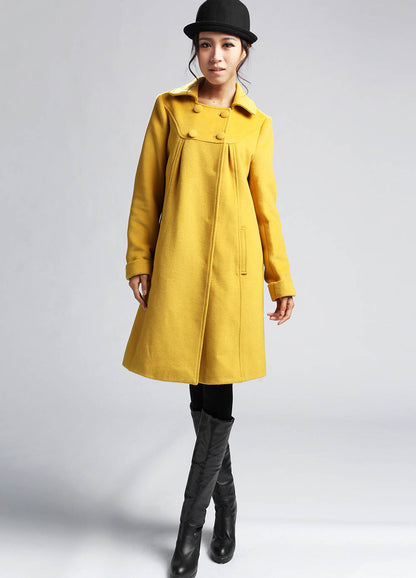 Handmade Wool Winter Coat – Mustard Yellow A-Line Jacket with Buttons | Xiaolizi 399