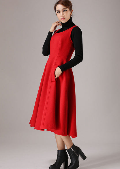 Red Wool Maxi Dress - Sleeveless Flared Silhouette 769