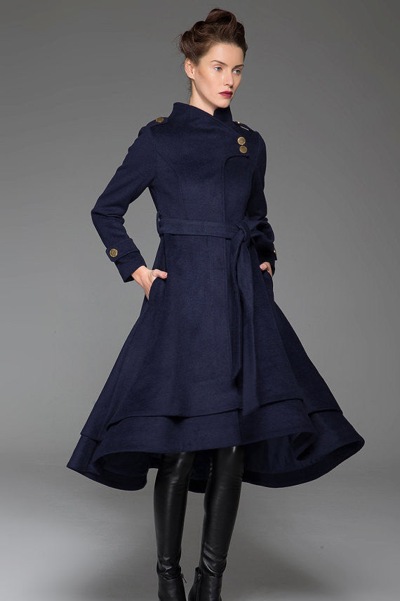 Navy blue wool coat maxi women winter coat 1423#