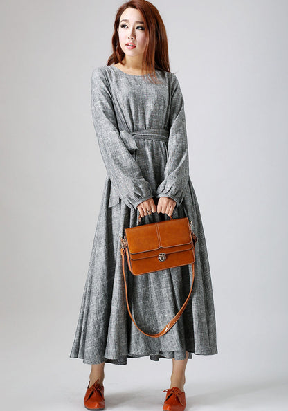Grey Linen Maxi Dress - Flowy Silhouette with Round Neckline 790