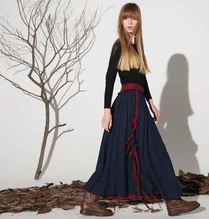 Navy Linen Maxi Skirt - Layered Contrast Patchwork 1159