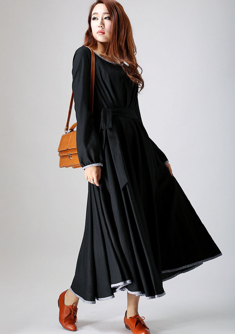 Maxi linen causal women dress in black (787)