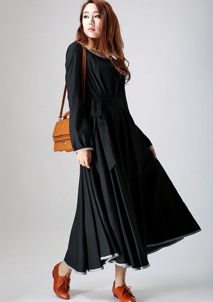 Black Linen Maxi Dress - Pleated Front, Long Sleeve with Belt 787