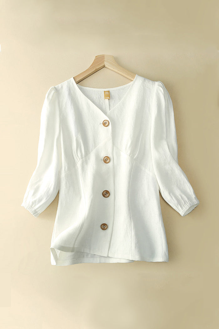 White Women Casual Spring Summer Linen Shirt Tops 3656