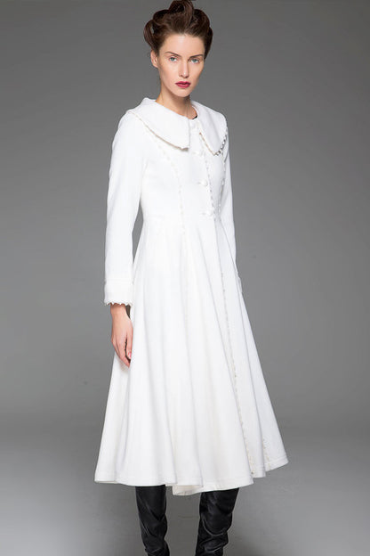 Elegant White Wool Coat – Handmade Vintage Bridal Winter Overcoat | Xiaolizi 1418