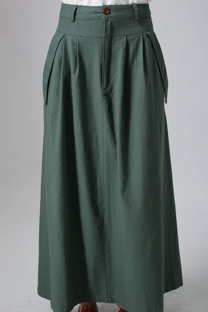 Green Linen Cotton Blend Long Pleated Skirt - Ankle Length with Pockets 813