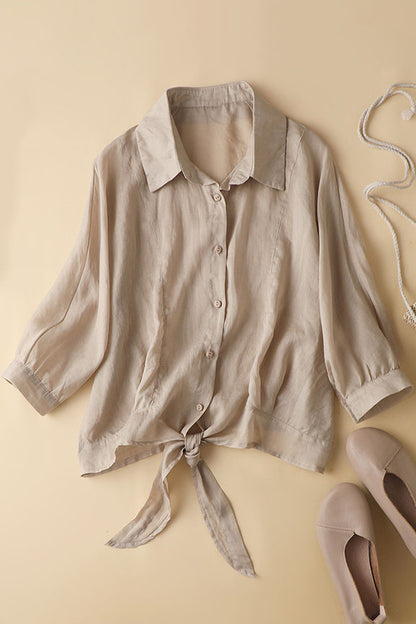 Apricot Linen Shirt Top - Loose Fit 3/4 Sleeve | Xiaolizi 3601