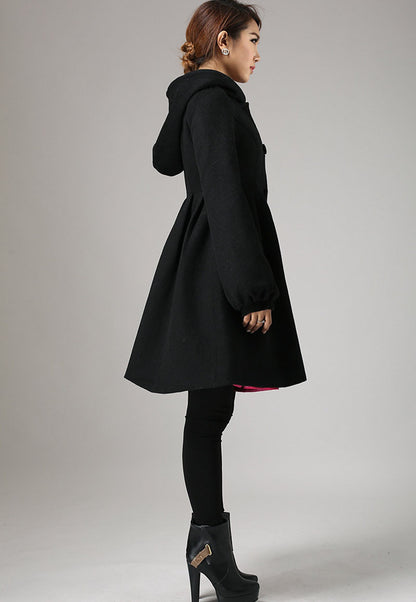 Black Hooded Wool Coat – Handmade Single-Breasted Winter Short Coat | Xiaolizi 730