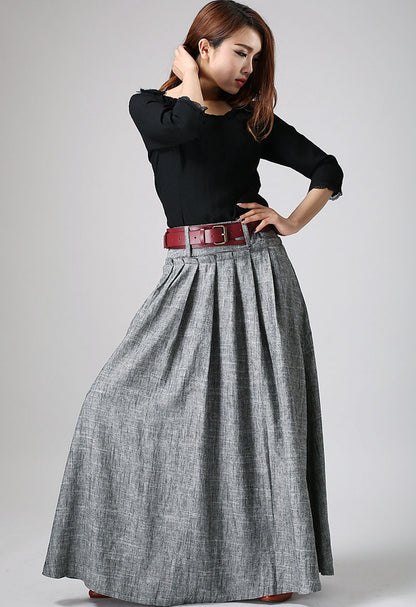 Handmade Gray Linen Maxi Skirt – High Waist Pleated with Pockets 0911