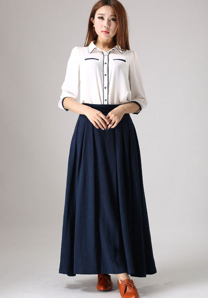 Classic A-Line Navy Linen Skirt – High Waist Maxi Silhouette – 855
