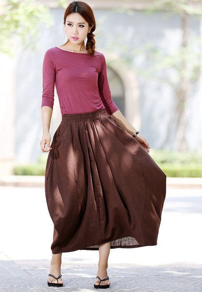 Brown Linen Skirt - Maxi Length with Elastic Waist and Pockets 1026