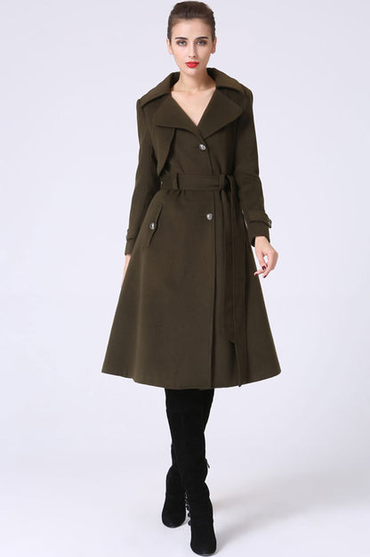 Army Green Wool Blend Military Trench Coat - Self-Tie Waist 1053